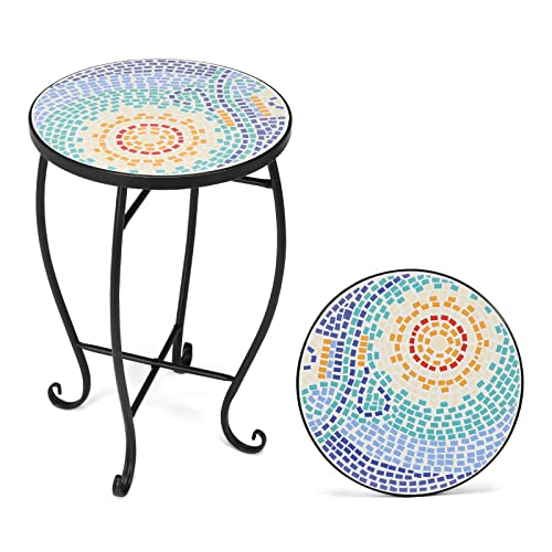 VINGLI Mosaic Accent Table, 14" Round Side Table,End Table, Plant Stand Decor for Patio Porch Beach Theme Balcony Back Deck Pool Indoor Outdoor Coffee, Metal Cobalt Glass Top Black Iron(Blue Hawaii)