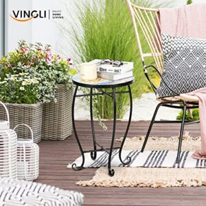 VINGLI Mosaic Accent Table, 14" Round Side Table,End Table, Plant Stand Decor for Patio Porch Beach Theme Balcony Back Deck Pool Indoor Outdoor Coffee, Metal Cobalt Glass Top Black Iron(Blue Hawaii)