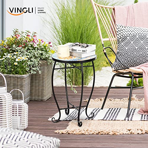 VINGLI Mosaic Accent Table, 14" Round Side Table,End Table, Plant Stand Decor for Patio Porch Beach Theme Balcony Back Deck Pool Indoor Outdoor Coffee, Metal Cobalt Glass Top Black Iron(Blue Hawaii)