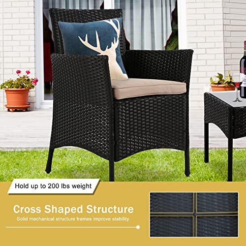 4 Pieces Patio Furniture Sets, Outdoor Rattan Conversation Bistro Chairs w/Glass Coffee Table & Soft Cushions Modern Wicker Bistro Set Garden Furniture Sets for Porch Backyard Lawn Poolside(Black)