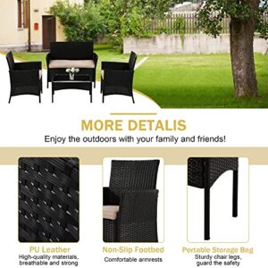 4 Pieces Patio Furniture Sets, Outdoor Rattan Conversation Bistro Chairs w/Glass Coffee Table & Soft Cushions Modern Wicker Bistro Set Garden Furniture Sets for Porch Backyard Lawn Poolside(Black)
