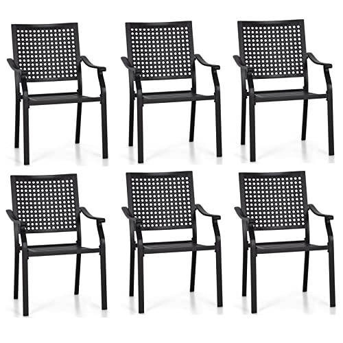 MFSTUDIO 6 Piece Black Patio Dining Chairs,Stackable Outdoor Metal Mesh Chairs with Armest for Garden, Poolside, Backyard, Bistro