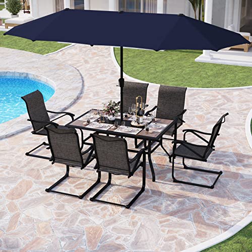 PHI VILLA 8 pcs Outdoor Dining Set with 13ft Double-Sided Market Umbrella(Blue), Rectangle Wood-Like Metal Table and 6 Spring Dining Chairs,Slightly Rocking for Garden, Lawn,Yard