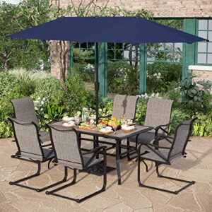 PHI VILLA 8 pcs Outdoor Dining Set with 13ft Double-Sided Market Umbrella(Blue), Rectangle Wood-Like Metal Table and 6 Spring Dining Chairs,Slightly Rocking for Garden, Lawn,Yard