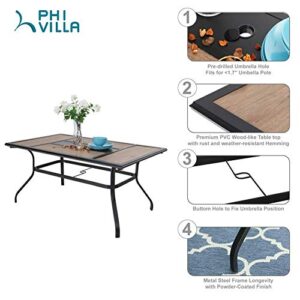 PHI VILLA 8 pcs Outdoor Dining Set with 13ft Double-Sided Market Umbrella(Blue), Rectangle Wood-Like Metal Table and 6 Spring Dining Chairs,Slightly Rocking for Garden, Lawn,Yard