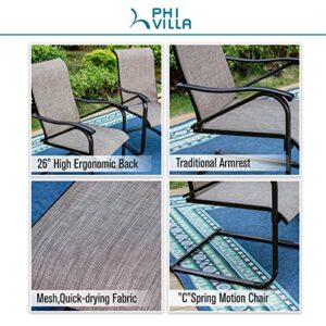 PHI VILLA 8 pcs Outdoor Dining Set with 13ft Double-Sided Market Umbrella(Blue), Rectangle Wood-Like Metal Table and 6 Spring Dining Chairs,Slightly Rocking for Garden, Lawn,Yard