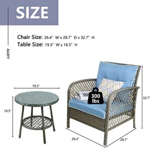 Auzfy 3 Pieces Outdoor Patio Chair Set Small Patio Conversation Sets Wicker Patio Bistro Set with Side Table & 2 Pillows for Sunroom, Garden, Balcony, Blue Cushion