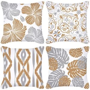 Willing Life Pack of 4 Waterproof Outdoor Indoor Throw Pillow Covers 18x18 Decorative Grey Floral Leaf Boho Pillowcases Double-Sided Cushion Covers for Garden Patio Swing Balcony Sofa Couch