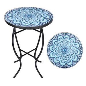 vcuteka mosaic outdoor side table, 14″ round small patio accent table indoor end table for yard, garden, living room, bistro balcony or lawn blue