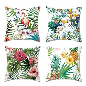 Tropical Green Plants Pillows Case Outdoor Cushions for Garden Furniture Garden Cushions Linen Cushion Covers 18x18 Inches Set of 4 Living Room Sofa Pillows Cushions 45x45 cm