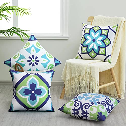 cygnus Outdoor Waterproof Throw Pillow Covers 18x18 Inch Set of 4 Boho Decorative Floral Covers for Patio Furniture Porch (18 * 18inch/45 * 45cm, Blue and Teal)