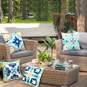 Outdoor Throw Pillow Covers Waterproof Pillow Covers Floral Printed Boho Farmhouse Decorative Pillow Cushion Covers 18x18 Set of 4 for Patio Funiture Garden Balcony Tent Couch, Teal Blue