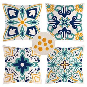 outdoor throw pillow covers waterproof pillow covers floral printed boho farmhouse decorative pillow cushion covers 18×18 set of 4 for patio funiture garden balcony tent couch, teal blue