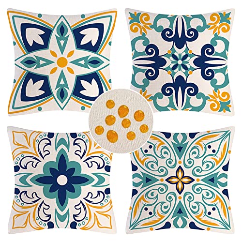 Outdoor Throw Pillow Covers Waterproof Pillow Covers Floral Printed Boho Farmhouse Decorative Pillow Cushion Covers 18x18 Set of 4 for Patio Funiture Garden Balcony Tent Couch, Teal Blue