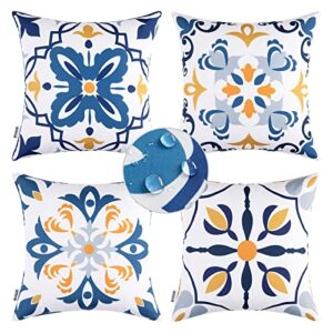miulee outdoor waterproof throw pillow covers set of 4 fall boho floral pattern farmhouse luxury decorative square pillowcases for chair patio garden couch tent balcony sofa 18×18 inch blue