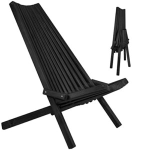 clevermade tamarack folding wooden outdoor chair -stylish low profile acacia wood lounge chair for the patio, porch, lawn, garden, assembly required, black