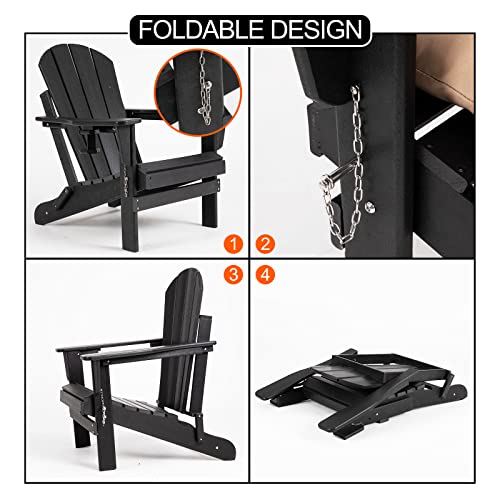 nalone Folding Adirondack Chairs Set of 2 with Cushion with Cup Holder, HDPE Plastic Oversized Patio Chair Weather Resistant, Used in Outdoor, Fire Pit, Deck, Garden, Campfire Chairs (Black)