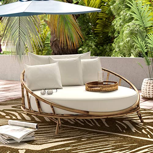 Zew Bamboo Daybed Outdoor Indoor Large Accent Sofa Chair Lawn Pool Garden Seating with Cushion and Pillows Natural Rattan Round Sofabed v.2021