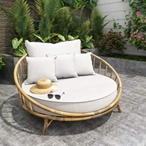 Zew Bamboo Daybed Outdoor Indoor Large Accent Sofa Chair Lawn Pool Garden Seating with Cushion and Pillows Natural Rattan Round Sofabed v.2021