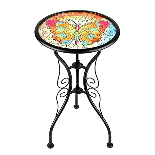 YardsBee Butterfly Outdoor Side Table,Mosaic Patio Side Table,12 Inch Accent Round Side Table,Plant Table with Tile Top,Samll Metal Glass End Table for Garden Porch Patio Home…