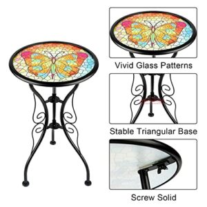 YardsBee Butterfly Outdoor Side Table,Mosaic Patio Side Table,12 Inch Accent Round Side Table,Plant Table with Tile Top,Samll Metal Glass End Table for Garden Porch Patio Home…