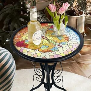 YardsBee Butterfly Outdoor Side Table,Mosaic Patio Side Table,12 Inch Accent Round Side Table,Plant Table with Tile Top,Samll Metal Glass End Table for Garden Porch Patio Home…