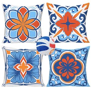 royalours outdoor waterproof throw pillow covers 18×18 inch set of 4 for patio furniture flower design boho farmhouse pillow cover square modern geometry pillow cases for garden porch(boho 4)