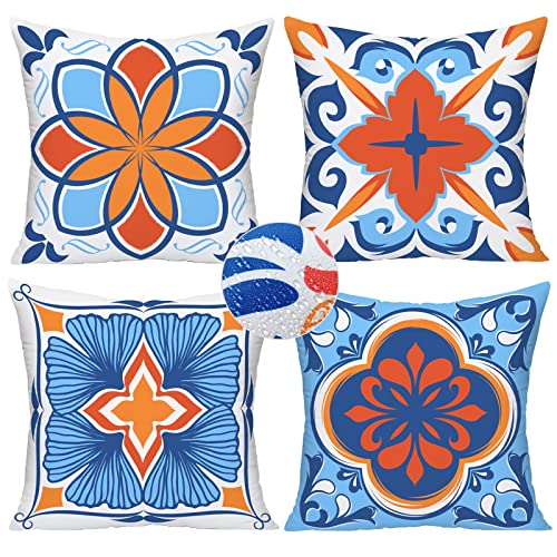 Royalours Outdoor Waterproof Throw Pillow Covers 18x18 Inch Set of 4 for Patio Furniture Flower Design Boho Farmhouse Pillow Cover Square Modern Geometry Pillow Cases for Garden Porch(Boho 4)