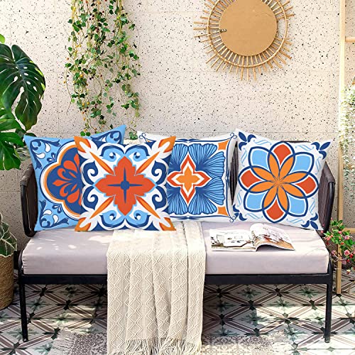 Royalours Outdoor Waterproof Throw Pillow Covers 18x18 Inch Set of 4 for Patio Furniture Flower Design Boho Farmhouse Pillow Cover Square Modern Geometry Pillow Cases for Garden Porch(Boho 4)