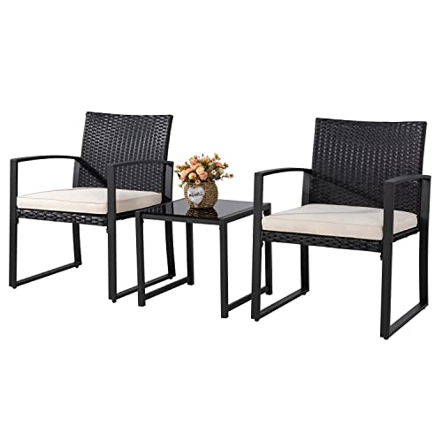 Shintenchi 3 Pieces Outdoor Patio Furniture Set, Modern Wicker Bistro Set, Conversation Rattan Chair of 2 with Coffee Table for Yard Porch Poolside Lawn(Beige Cushion)