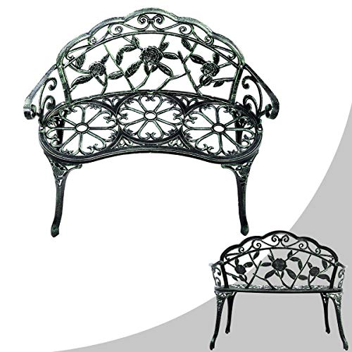 Giantex Outdoor Garden Bench Iron Patio Benches for Outdoors, Porch Bench Chair with Curved Legs Cast Aluminum Rose Antique Style, Green