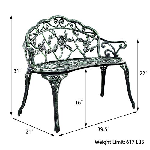 Giantex Outdoor Garden Bench Iron Patio Benches for Outdoors, Porch Bench Chair with Curved Legs Cast Aluminum Rose Antique Style, Green