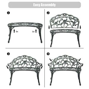 Giantex Outdoor Garden Bench Iron Patio Benches for Outdoors, Porch Bench Chair with Curved Legs Cast Aluminum Rose Antique Style, Green