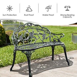 Giantex Outdoor Garden Bench Iron Patio Benches for Outdoors, Porch Bench Chair with Curved Legs Cast Aluminum Rose Antique Style, Green