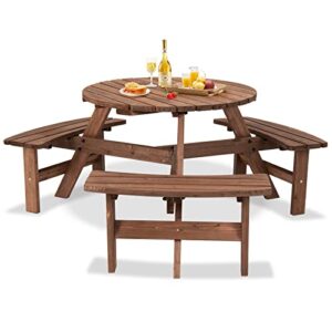 giantex 6 person wooden picnic table set with wood bench, with umbrella hold design, perfect for outdoor garden yard pub beer dining, dark brown