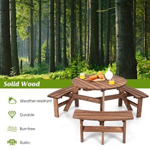 Giantex 6 Person Wooden Picnic Table Set with Wood Bench, with Umbrella Hold Design, Perfect for Outdoor Garden Yard Pub Beer Dining, Dark Brown