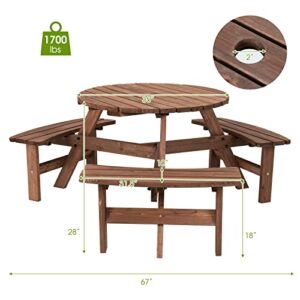 Giantex 6 Person Wooden Picnic Table Set with Wood Bench, with Umbrella Hold Design, Perfect for Outdoor Garden Yard Pub Beer Dining, Dark Brown