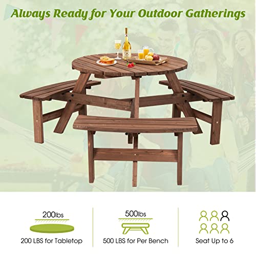 Giantex 6 Person Wooden Picnic Table Set with Wood Bench, with Umbrella Hold Design, Perfect for Outdoor Garden Yard Pub Beer Dining, Dark Brown