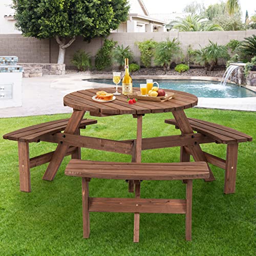 Giantex 6 Person Wooden Picnic Table Set with Wood Bench, with Umbrella Hold Design, Perfect for Outdoor Garden Yard Pub Beer Dining, Dark Brown