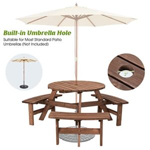 Giantex 6 Person Wooden Picnic Table Set with Wood Bench, with Umbrella Hold Design, Perfect for Outdoor Garden Yard Pub Beer Dining, Dark Brown