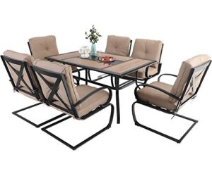 mfstudio 7pcs outdoor patio dining table set, 6 spring motion chairs, 1 rectangular table woodlike top with 1.57″ umbrella hole, lawn backyard garden furniture sets, beige