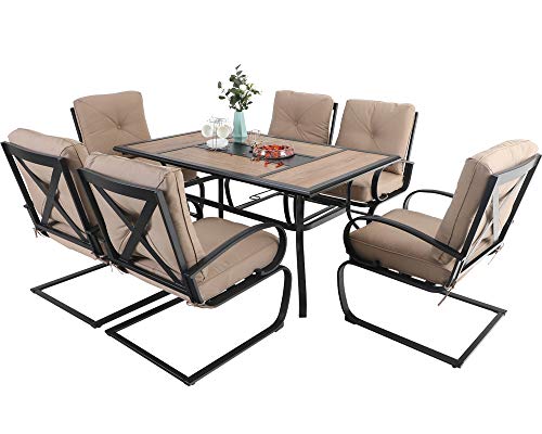 MFSTUDIO 7PCS Outdoor Patio Dining Table Set, 6 Spring Motion Chairs, 1 Rectangular Table Woodlike Top with 1.57" Umbrella Hole, Lawn Backyard Garden Furniture Sets, Beige