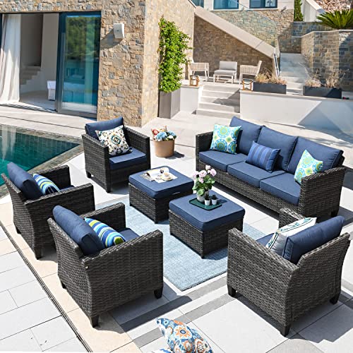 ovios Patio Furniture Set 7 PCS High Back Sofa Outdoor Conversation Sets All Weather Wicker Rattan Sectional Sofa Set Couch and Chairs Garden Backyard Porch (Denim Blue)