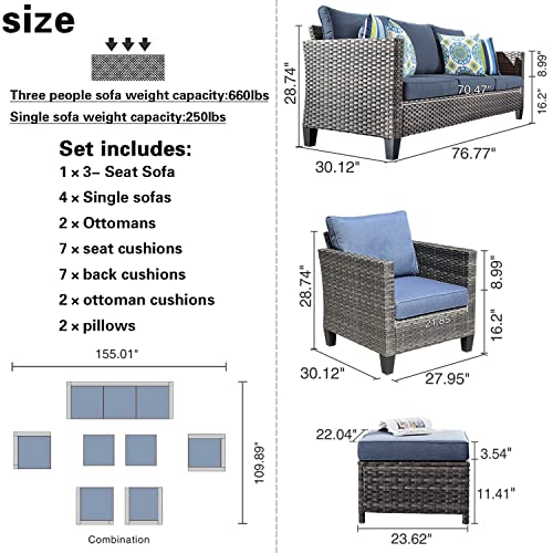 ovios Patio Furniture Set 7 PCS High Back Sofa Outdoor Conversation Sets All Weather Wicker Rattan Sectional Sofa Set Couch and Chairs Garden Backyard Porch (Denim Blue)