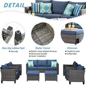 ovios Patio Furniture Set 7 PCS High Back Sofa Outdoor Conversation Sets All Weather Wicker Rattan Sectional Sofa Set Couch and Chairs Garden Backyard Porch (Denim Blue)