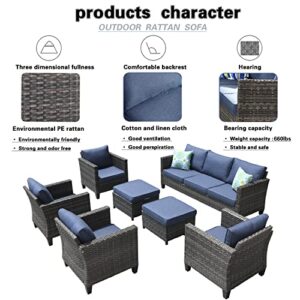 ovios Patio Furniture Set 7 PCS High Back Sofa Outdoor Conversation Sets All Weather Wicker Rattan Sectional Sofa Set Couch and Chairs Garden Backyard Porch (Denim Blue)