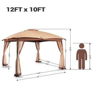 FAB BASED 10x12 Gazebo for Patio, Double Vent Canopy Gazebo with Privacy Netting Screen, Outdoor Heavy Duty Steel Patio Gazebo, Waterproof and Portable Gazebo for Deck Backyard Lawn and Garden (Khaki)