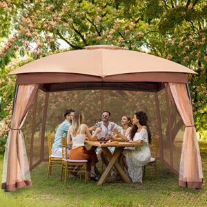 FAB BASED 10x12 Gazebo for Patio, Double Vent Canopy Gazebo with Privacy Netting Screen, Outdoor Heavy Duty Steel Patio Gazebo, Waterproof and Portable Gazebo for Deck Backyard Lawn and Garden (Khaki)