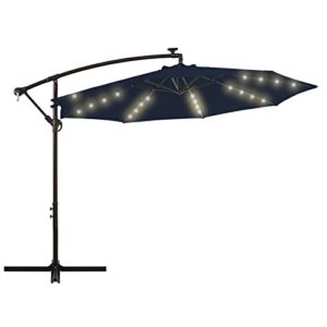 wikiwiki 10 FT Solar Offset Hanging Umbrella, Lighted Patio Cantilever Umbrella with 32 Lights, Infinite Tilt, Fade Resistant RECYCLED FABRIC Canopy & Cross Base, for Yard, Garden & Deck(Navy Blue)