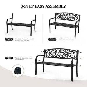 VINGLI 50" Patio Outdoor Metal Welcome Bench,Powder Coated Cast Iron Steel for Garden Path Yard Lawn Work Entryway Decor Deck, Black